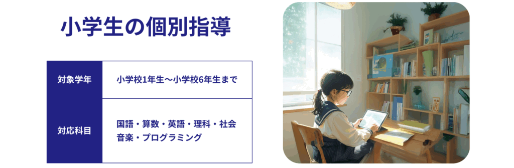 小学生の個別指導
対象学年：小学1年生から小学6年生まで
対応科目：国語、算数、英語、理科、社会、音楽、プログラミング