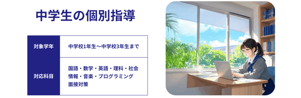 中学生の個別指導
対象学年：中学1年生から中学3年生まで
対応科目：国語、数学、英語、理科、社会、情報、音楽、プログラミング、面接対策