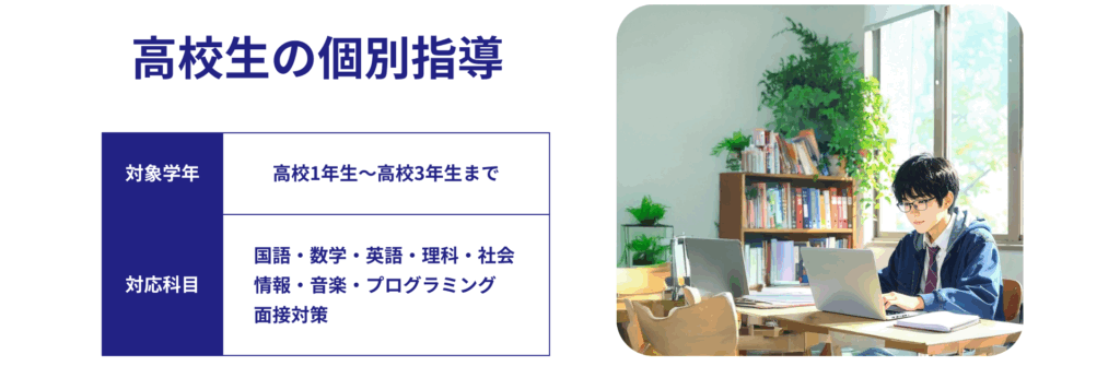 高校生の個別指導
対象学年：高校1年生から高校3年生まで
対応科目：国語、算数、英語、理科、社会、音楽、プログラミング