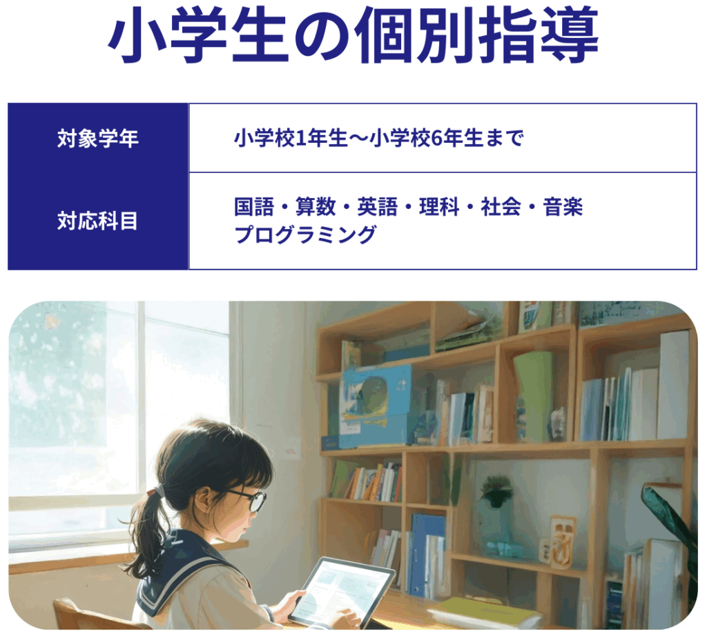 小学生の個別指導
対象学年：小学1年生から小学6年生まで
対応科目：国語、算数、英語、理科、社会、音楽、プログラミング
