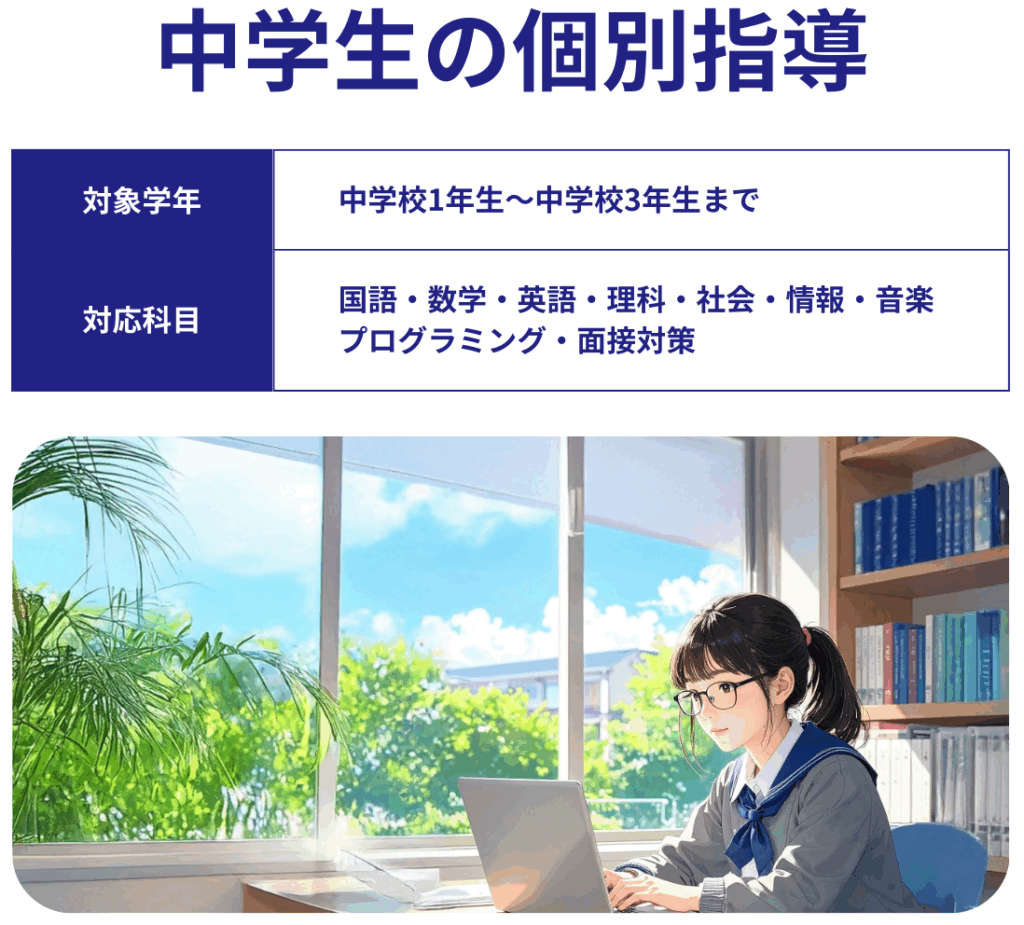 中学生の個別指導
対象学年：中学1年生から中学3年生まで
対応科目：国語、数学、英語、理科、社会、情報、音楽、プログラミング、面接対策