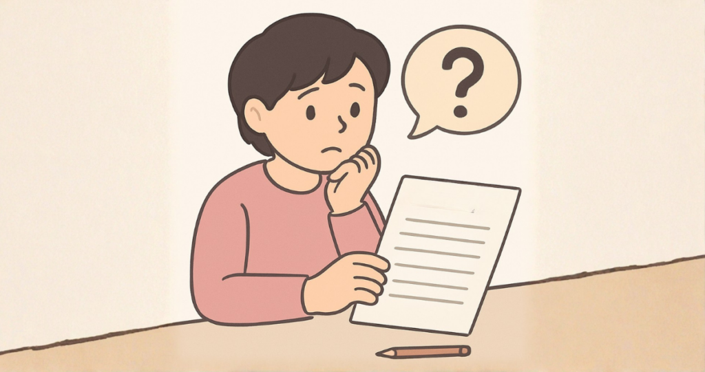 机の前に座り、書類を手に持ちながら考え込んでいる人物のイラスト。頭の横に「?」マークの吹き出しがあり、机の上に鉛筆が置かれている。