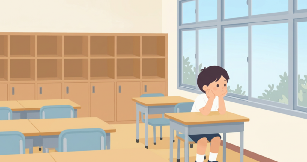 教室の窓側の席で頬杖をつきながら、窓の外をぼんやりと眺めている小学生のイラスト