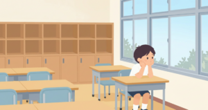 教室の窓側の席で頬杖をつきながら、窓の外をぼんやりと眺めている小学生のイラスト