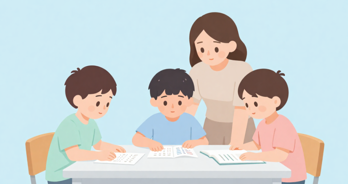 教室で3人の小学生が点字教材や拡大教科書を手に取って見ており、後ろに先生が立って見守っているイラスト