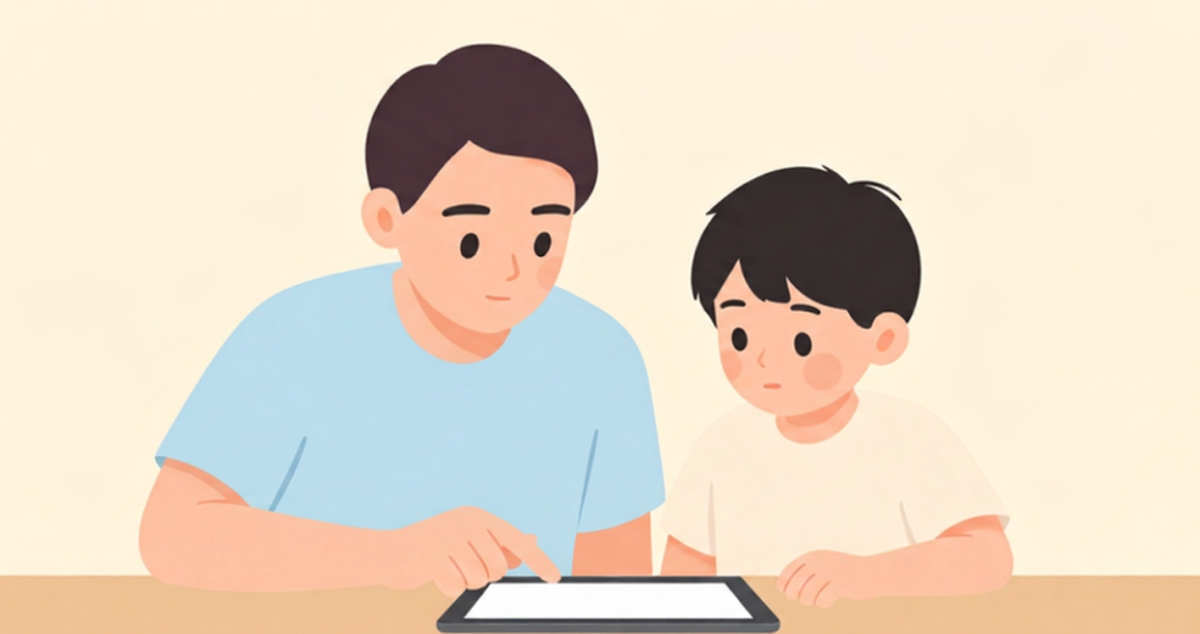 机の前に並んで座り、男性（左）がタブレットの画面を指で操作しながら男の子（右）に説明しているイラスト。男の子は画面を見ながら話を聞いている。