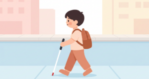 ランドセルを背負い、白杖を斜め前方に伸ばして歩道を歩いている男の子のイラスト。白杖の先端が地面に触れており、街並みを背景に横顔で前進している。