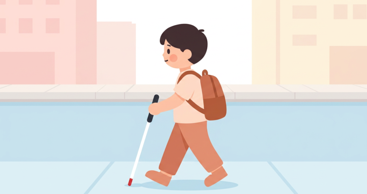 ランドセルを背負い、白杖を斜め前方に伸ばして歩道を歩いている男の子のイラスト。白杖の先端が地面に触れており、街並みを背景に横顔で前進している。