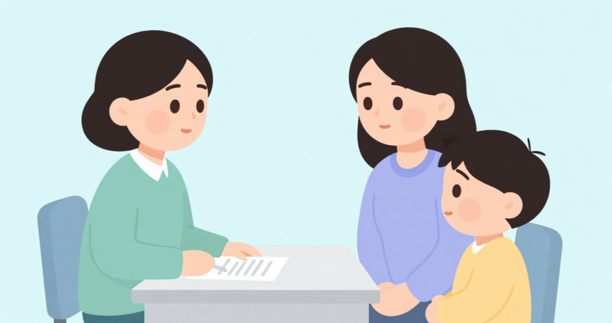 机を挟んで向かい合い、女性の相談員が書類を示しながら説明しており、向かい側に母親と幼い子どもが並んで座っているイラスト