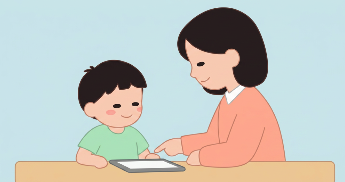 教室で教員と子どもが横並びに座り、机の上のタブレット画面を教員が指差しながら一緒に見ているイラスト