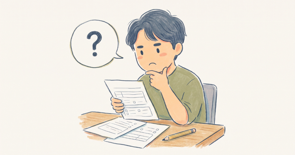 机の前に座り、申請書を手に持ちながら考え込んでいる人物のイラスト。頭の横に「？」マークの吹き出しがあり、机の上に申請書と鉛筆が置かれている。