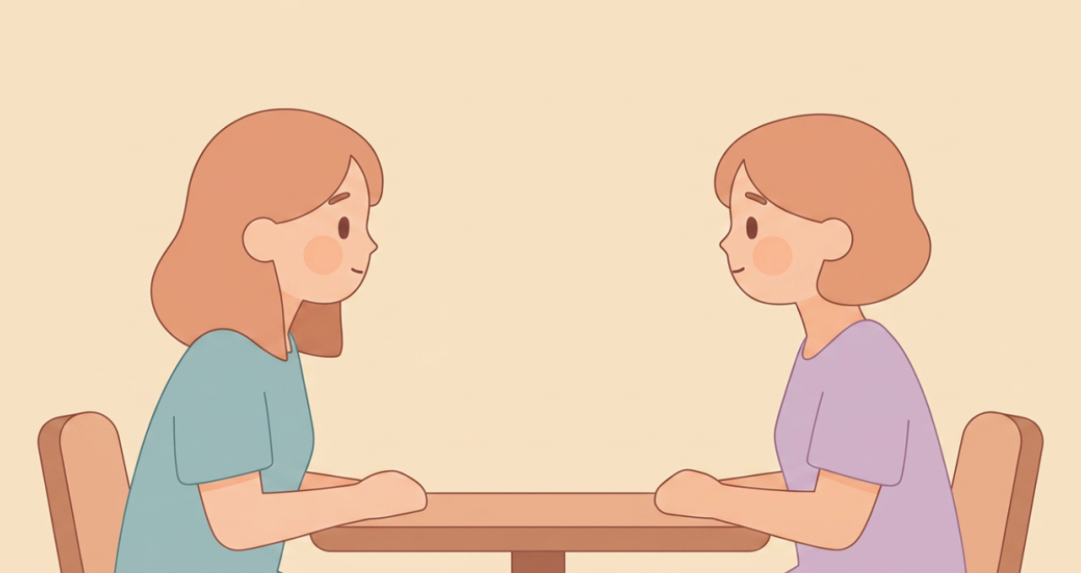 室内のテーブルを挟んで向かい合い、和やかに話をしている2人の女性のイラスト