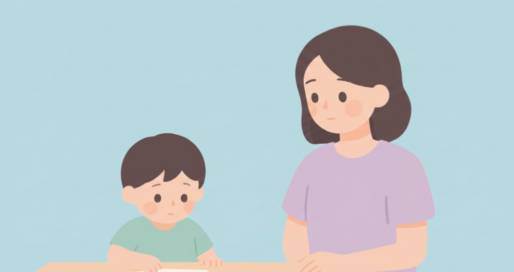 子どもがテーブルで何かに取り組んでいる横で、保護者が少し離れた場所から見守っているイラスト