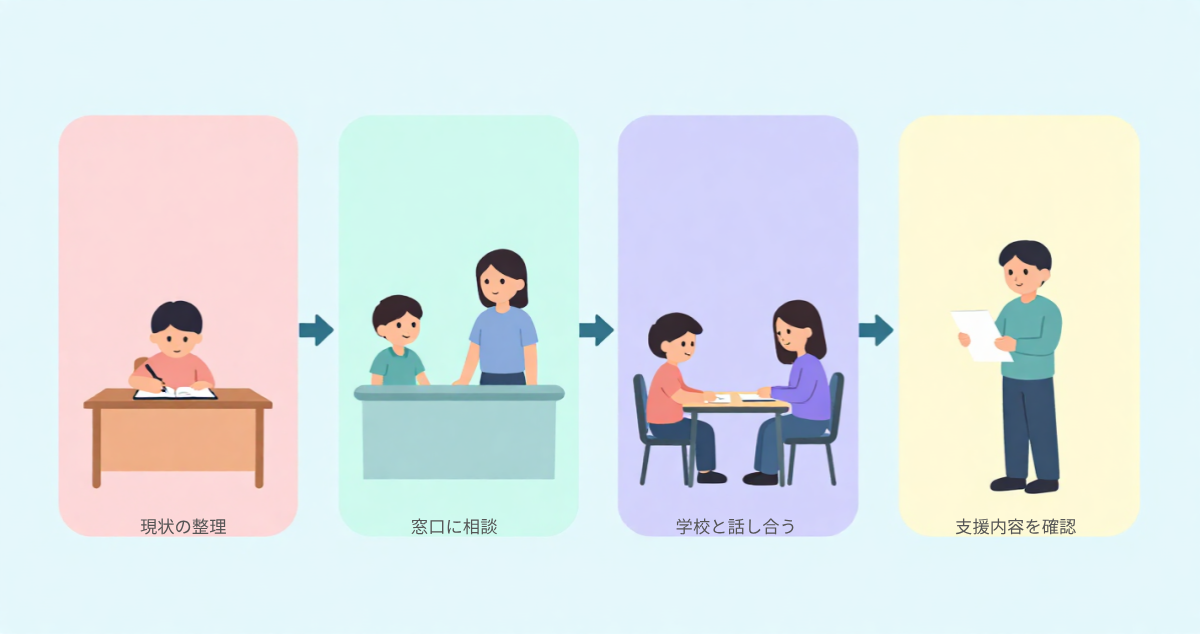 合理的配慮を学校に求める4つの手順を示した横型のフローイラスト。左からSTEP1「困っていることを整理する」、STEP2「学校の担当窓口に相談する」、STEP3「支援内容を学校と話し合う」、STEP4「支援内容を確認する」の順に矢印でつながれている。