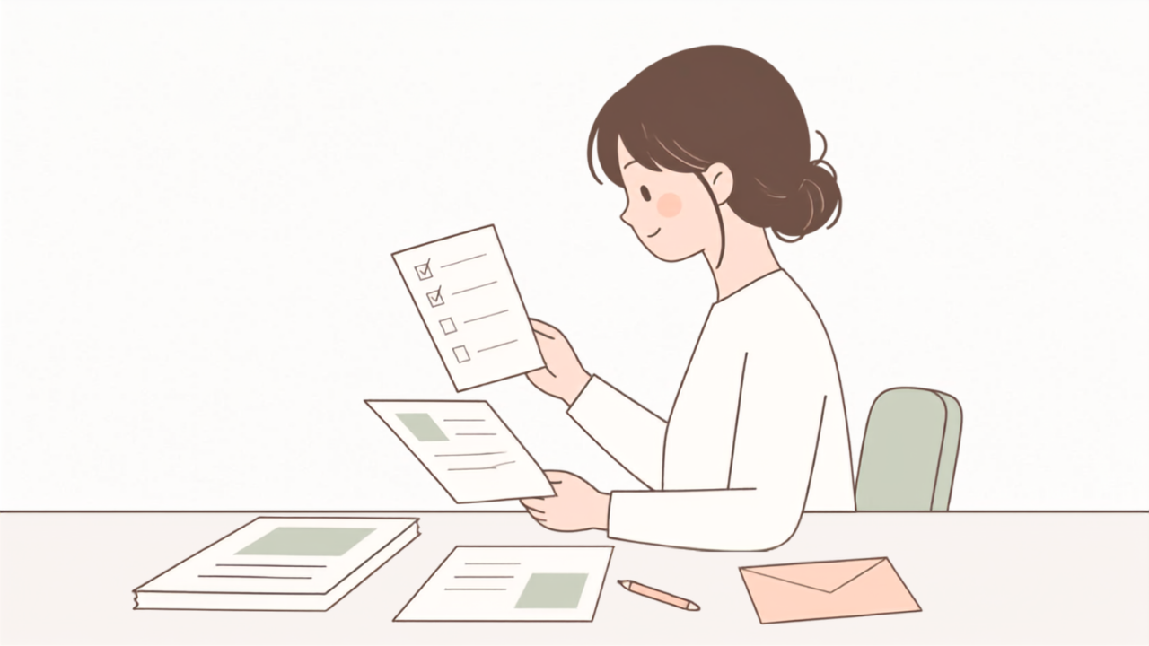 机に向かって座り、チェックリストを片手に持ちながら机の上に並べた書類を確認している人物のイラスト。机の上に封筒と鉛筆が置かれている。