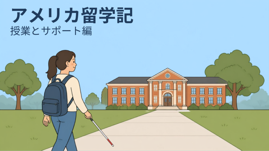晴れた日のアメリカの大学キャンパスで、白杖を持ちリュックを背負って歩道を歩く女性のイラスト。奥にレンガ造りの校舎と樹木が見える。