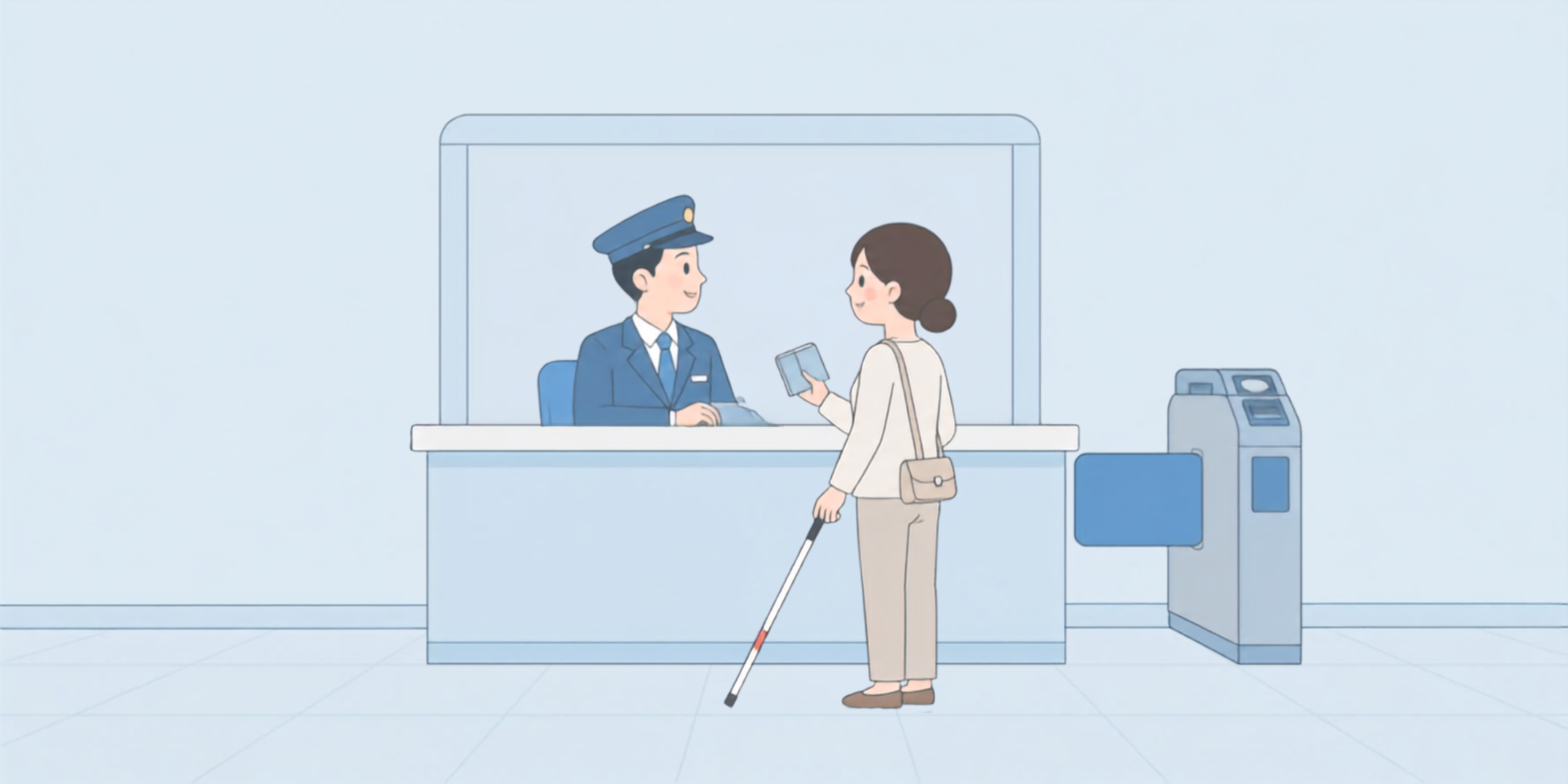 駅の窓口で駅員に手帳を提示している女性のイラスト。女性は反対の手に白杖を持っている。